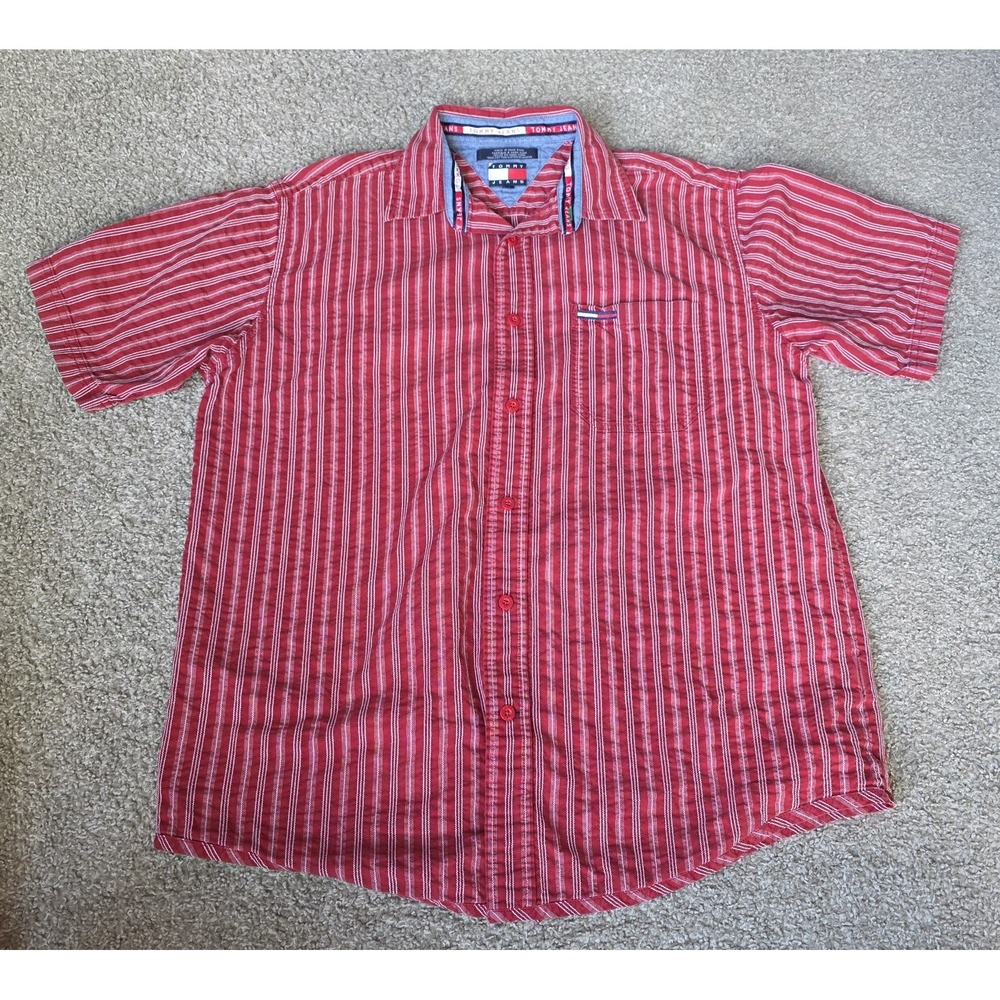 Vintage Tommy Hilfiger Men's Sz Medium Red/White Stripe Short Sleeve Button Down